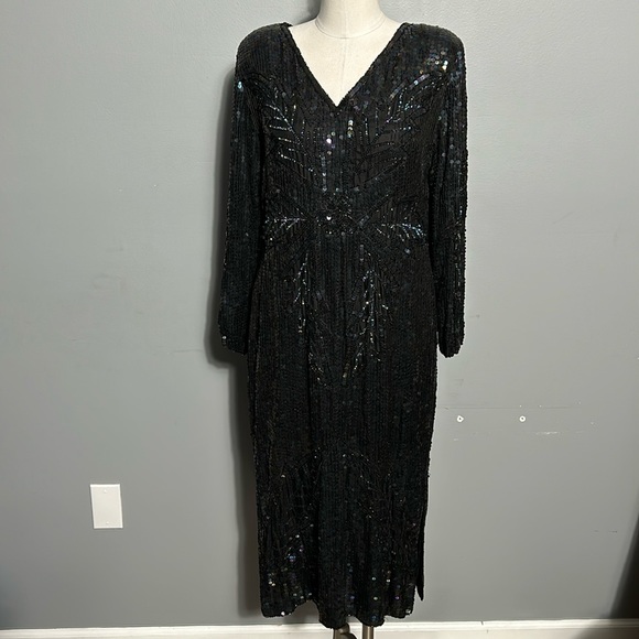 Vintage Silk Sequeen Black Midi Dress with Silk Lining w Slit Made in India M- L - Picture 1 of 17